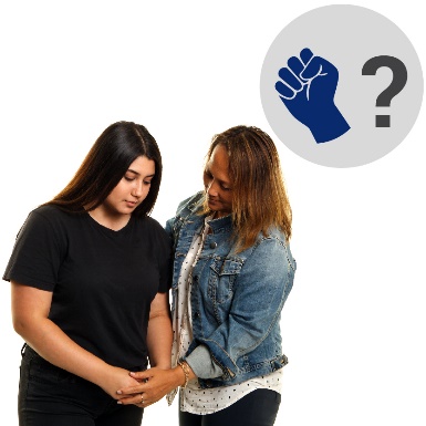 A woman supporting another woman with a fist icon for violence and a question mark next to them