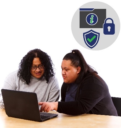 2 women using a laptop together with icons for information and security next to them