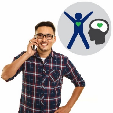 A man talking on the phone. Above him is an icon of a person exercising and a brain.